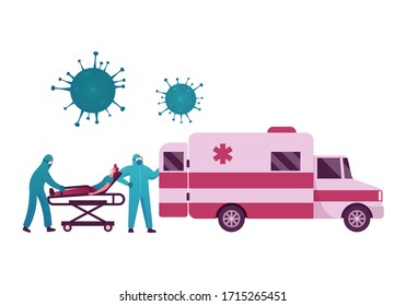 Doctor Characters Push Bed with Sick Man in Face Mask. Coronavirus Covid19 Pandemic Health and Medicine, Dangerous Contagious Infection, Sickness, Global Disease, Cartoon People Vector Illustration