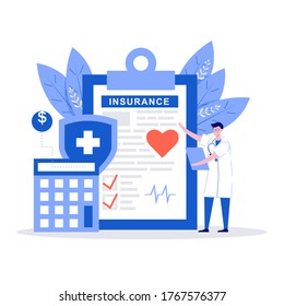 Doctor characters stand near health insurance contract. Health care concept. Modern vector illustration in flat style for landing page, mobile app, poster, web banner, infographics, hero images.