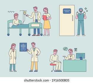 Doctor character's tasks. Doctors are taking care of patients, performing surgery, and treating patients. flat design style minimal vector illustration.