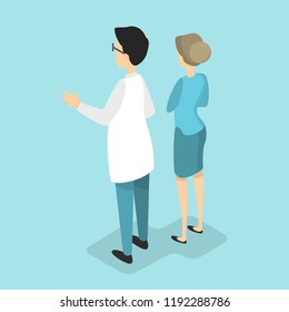Doctor characters in white uniform talking to each other. Medical worker have a break in clinic. Isolated vector isometric illustration