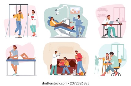 Doctor Characters Work with Patients, Creating A Reassuring Atmosphere Of Trust And Care. Medics Making Face Massage, Rehabilitation Training, Dentist, Pediatrist. Cartoon People Vector Illustration