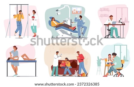 Doctor Characters Work with Patients, Creating A Reassuring Atmosphere Of Trust And Care. Medics Making Face Massage, Rehabilitation Training, Dentist, Pediatrist. Cartoon People Vector Illustration