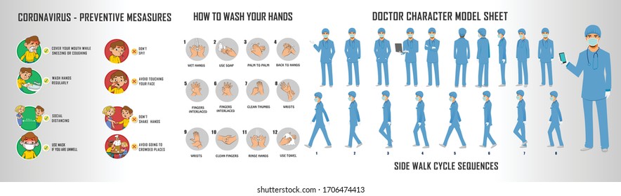 Doctor charater model sheet and walk cycle animation sequence for infographics New coorna virus Symptoms of preventive measures