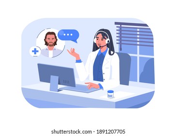 Doctor Chatting And Having Video Talk On Medical Internet Portal. Therapist Consulting Patient Online. Health Care Services And Online Medicine Concept. Flat Isometric Vector Illustration.