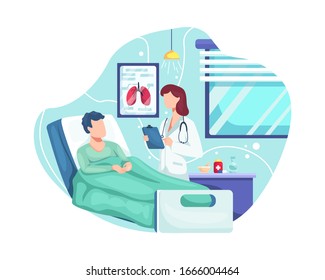 Doctor check patient health condition. Doctors treating the patient, Hospitalization of the patient. Doctor's visit to ward of patient man lying in a medical bed. Vector illustration in a flat style