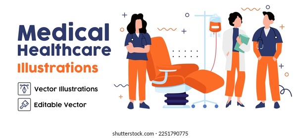 Doctor check patient health condition. Doctors treating the patient, Hospitalization of the patient. Doctor's visit to ward of patient lying in a medical bed. Vector illustration in a flat style