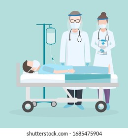 Doctor check Patient lying in bed hospital with a drop counter icon. Medicine concept illustration