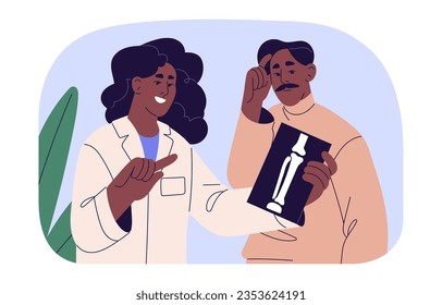 Examen médico. Pacientes y radiólogos analizan la radiografía de los exámenes médicos en la clínica. Diagnóstico radiológico, chequeo de salud, personas en la oficina de radiología. Ilustración vectorial aislada plana en blanco