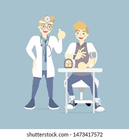 doctor checking, caring measuring blood pressure for patient, health care, medical examination, hypotension and hypertension concept, flat character design clip art vector illustration