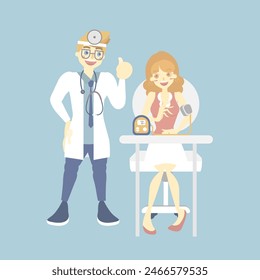 doctor checking, caring measuring blood pressure for patient, health care, medical examination concept, flat character design clip art vector illustration
