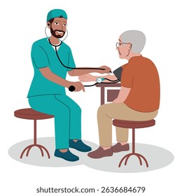 Doctor checking an elderly man's blood pressure during a routine medical examination. Healthcare and senior care concept, with friendly communication between patient and physician
