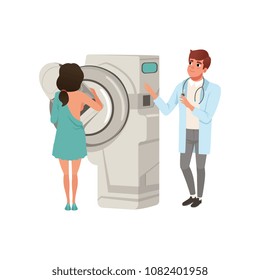 Doctor Checking Female Patient Breast With Mammogram, Healthcare And Medicine Concept Vector Illustration On A White Background