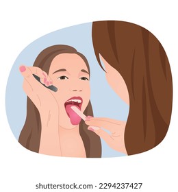 Doctor checking girls sore throat. Close-up of doctor checking girls soar throat with tongue depressor. flat vector illustration.