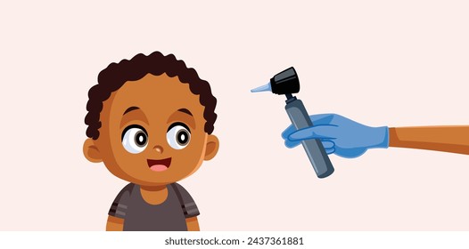 
El médico comprueba la audición de un bebé usando una ilustración vectorial de otoscopio. Audiólogo pediátrico que examina la capacidad auditiva de un niño
