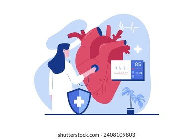 Doctor checking heart health and cardiovascular pressure. Vector flat illustration