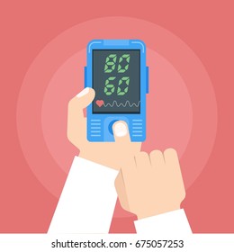 Doctor checking heart rate. Pulse oximeter in hands. Vector illustration.