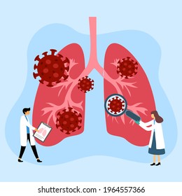 Doctor checking human respiratory system. Lungs with virus cells in flat design. Coronavirus pneumonia disease.