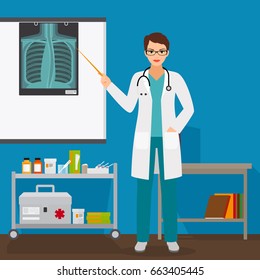 Doctor checking lungs x-ray film in hospital, vector illustration