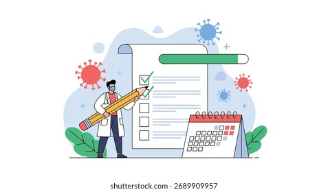 A doctor is checking off a list of tasks on a clipboard with a large pencil while surrounded by virus icons