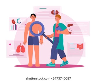 Arzt überprüft Organe. Mann mit Lupe bei der Untersuchung des Patienten. Medizin und Gesundheitswesen, Diagnose und Behandlung. In: Clinic and Hospital Research. Cartoon flache Vektorillustration