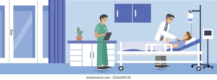 Doctor checking patient health condition. Health check up. Coma condition. Patient with nurse check patient condition. Patient laying in the hospital bed. VVIP room. 