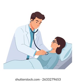 Médico Verificando Batimento Cardíaco do Paciente com Estetoscópio no Exame Médico de Fundo Branco