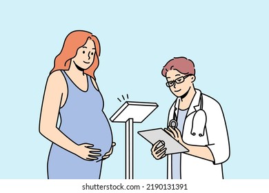 Doctor checking pregnant woman in hospital. Male GP weigh female with pregnancy at appointment in clinic. Healthcare and medicine. Vector illustration. 