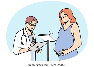 Doctor checking pregnant woman in hospital. Male GP weigh female with pregnancy at appointment in clinic. Healthcare and medicine. Vector illustration.