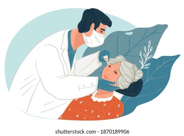 Doctor checking up sight of senior personage. Ophthalmologist giving eyedrops for granny. Diagnosis concerning eyesight of patient. Examination and treatment of diseases. Vector in flat style