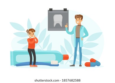 Ärztliche Untersuchung der Zähne des Jungen, Kid Patient mit Zahnschmerzen, Krankenpflege, Gesundheitswesen, ärztliche Behandlungskonzeption Vektorgrafik