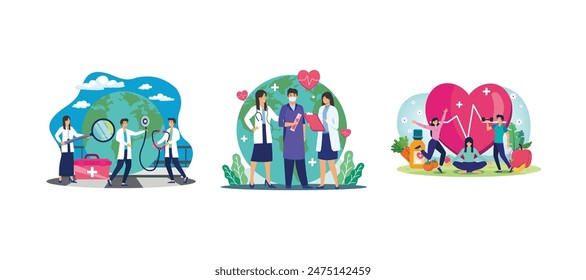 Doctor checking world health with stethoscope on world health day. World Health Day. World Health Day concept with people characters exercising. Set flat vector modern illustration