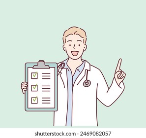 Doktor mit Checkliste. Handgezeichnete Stil Vektorgrafik Design Illustrationen.