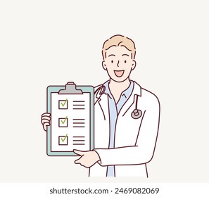 Doktor mit Checkliste. Handgezeichnete Stil Vektorgrafik Design Illustrationen.