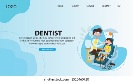 The doctor checks a dental health of girls. Concept for dentist service. Web Template Concept. Landing Page Concept. Flat Cartoon Vector Illustration