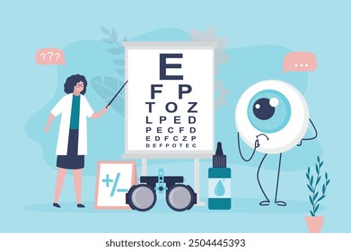 Doctor checks eyeball vision. Funny mascot on exam at ophthalmologist. Instruments for eye examination. Ophthalmology, eyesight check, healthcare. Medical tools, snellen eye chart. vector illustration