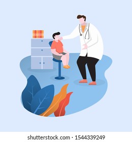 Doctor Checks Health of Little Kid Pediatric Patient Flat Design Illustration