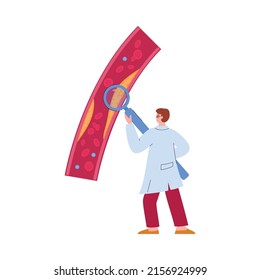 Doctor checks the level of cholesterol in human blood vessels, flat cartoon vector illustration isolated on white background. Care health and heart disease prevention.