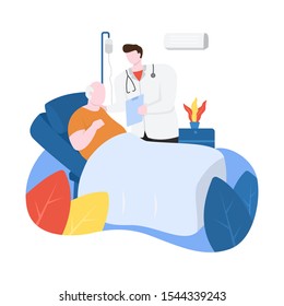 Doctor Checks Old Patient Health and Gives Encouragement Flat Design Illustration