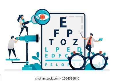 Doctor checks patient eyes health with snellen chart, glasses for eye disease. eye clinic or optical eyewear store. optician professional. Illustration for business card, banner, brochure, flyer, ads