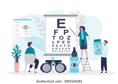 Doctor Checks Patient Vision By Snellen Chart. Man On Reception At Ophthalmologist. Instruments For Eye Examination. Optician Carries Pills. Ophthalmology, Eyesight Check. Flat Vector Illustration