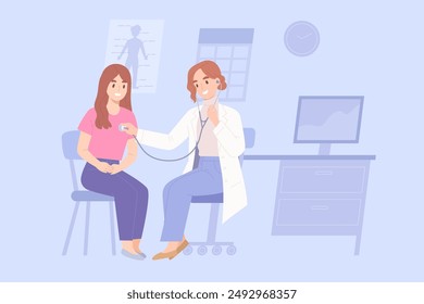 Doctor checks patient's chest sound with stethoscope at doctor's office. Concept of hospital, health care, medicine, diagnosis, doctor consultation, examination, illness. Flat vector illustration.