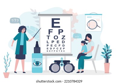 Doctor checks small child vision by snellen chart. Mother with daughter on exam at ophthalmologist. Instruments for eye examination. Ophthalmology, eyesight check, healthcare. Flat vector illustration