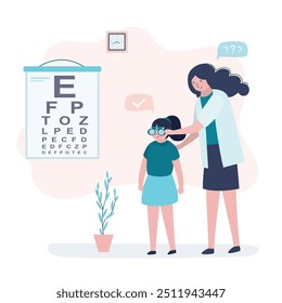 El médico revisa la visión del niño Pequeño y le da gafas. Linda chica en examen en oftalmólogo. Instrumentos para el examen ocular. Oftalmología, revisión de la vista, atención médica. Herramientas para la tabla de ojos de snellen. Vector