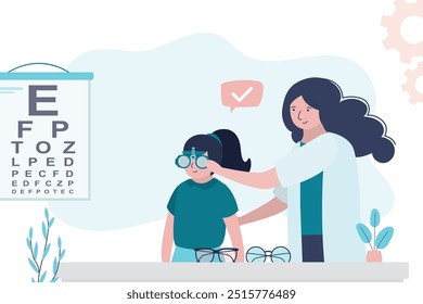 Der Arzt überprüft das Sehvermögen des kleinen Kindes und gibt ihm eine Brille. Mädchen in Prüfung beim Augenarzt. Instrumente zur Augenuntersuchung. Augenheilkunde, Augenuntersuchung, Gesundheitswesen. Snellen Augendiagramm. Nahaufnahme. Vektor