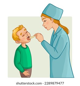 Doctor checks the throat of a sick child, vector illustration, eps10