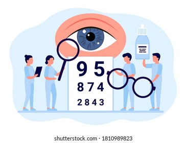 Doctor is checkup eye vision. Examination eyes people, focus correction treatment. Ophthalmology. Optometrist, ophthalmologist, medical staff people with glasses, vision test and eye drops. Vector