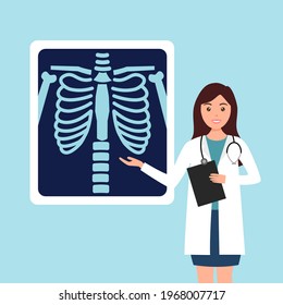 Doctor con película de radiología de rayos X en tórax en diseño plano. Esqueleto de costilla de pecho en película médica de rayos X.