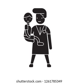 Doctor with a child black vector concept icon. Doctor with a child flat illustration, sign