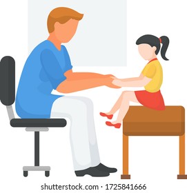 Doctor with child at hospital, health medical examination, vector illustration. Kid at physician appointment, patient treatment. Examine charcter illness at special clinic, girl sitting at couch.