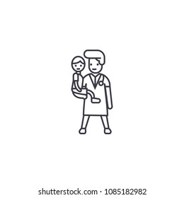 doctor with a child vector line icon, sign, illustration on background, editable strokes